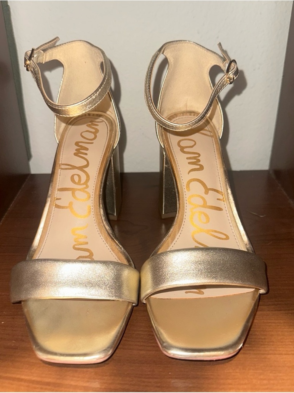 Sam Edelman Metallic Gold Ankle-Strap Block Heels